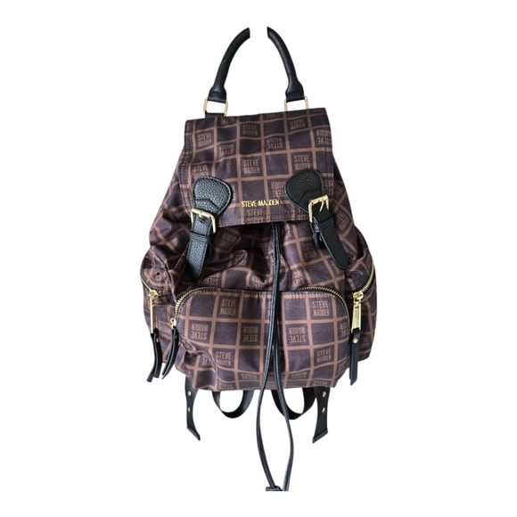 Steve Madden Backpack Black Brown Monogram Carryall Women Large Excellent - Picture 1 of 16